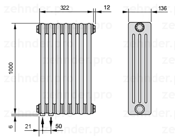 Схема (чертеж) Радиатор Zehnder Charleston 4100/7 №3370 Белый глянцевый RAL 9016